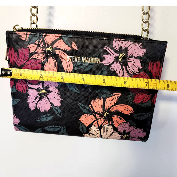 Steve Madden Black Floral Crossbody Bag 8.25"L x 6.25"H x 4.5"D; Chain-Strap 25" - Picture 6 of 6